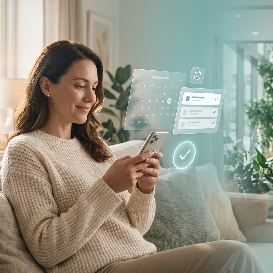 A client booking an appointment on her phone with an AI assistant