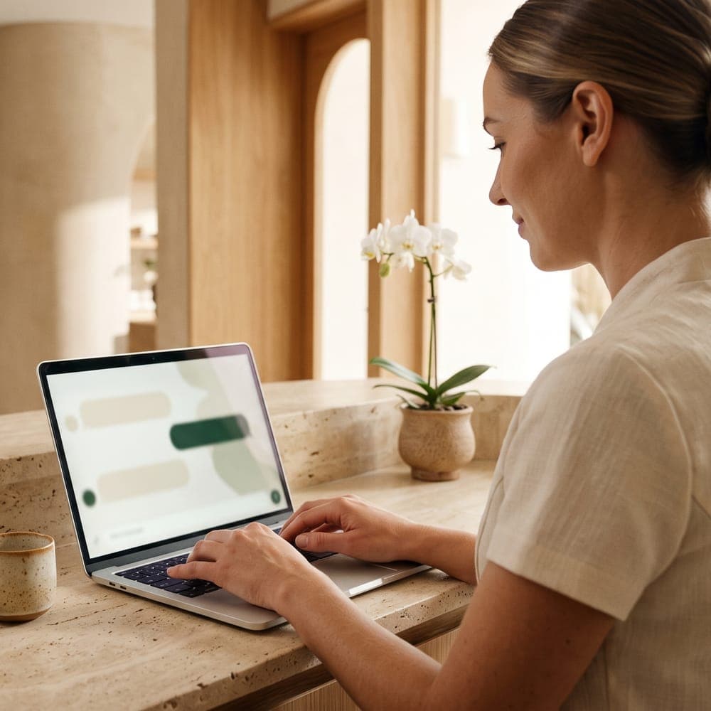 A team member replying to client messages on a laptop at reception