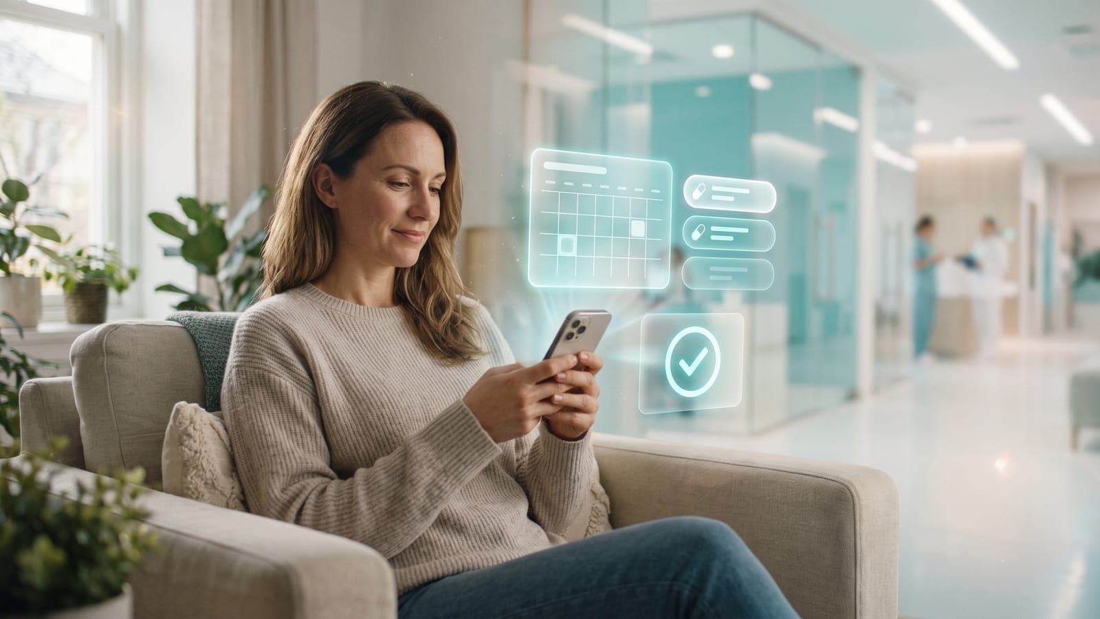 A client reading a clinic message on her phone in a waiting area