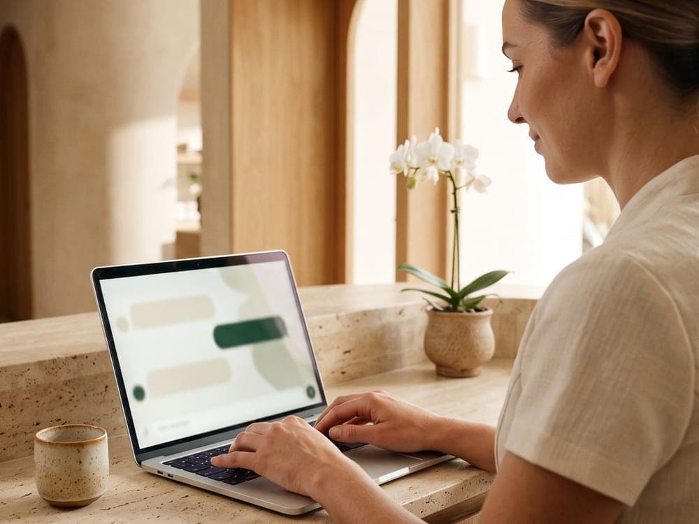 A receptionist answering client chat messages on a laptop at the front desk