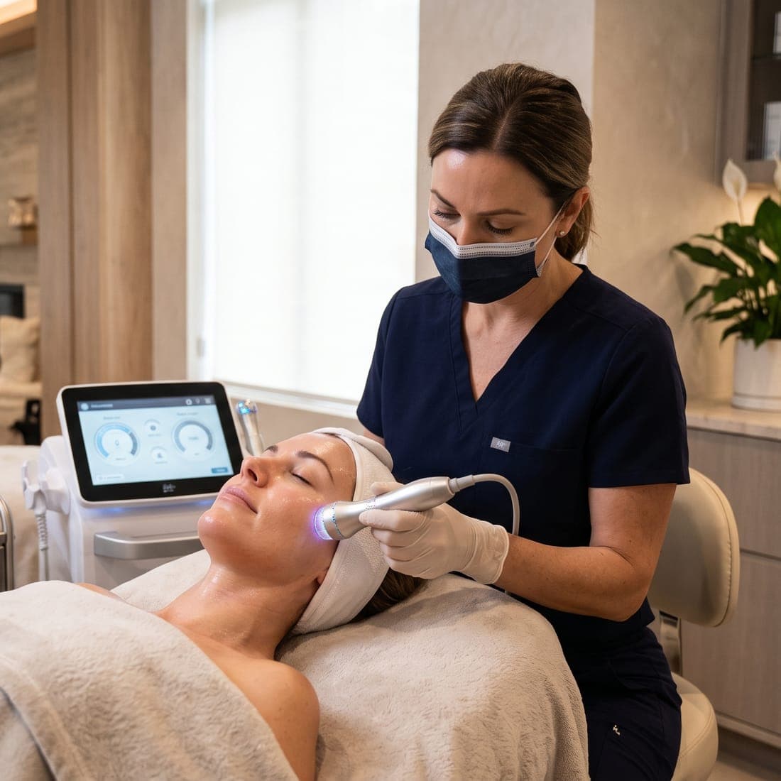 A specialist giving a client a skin treatment with a facial device