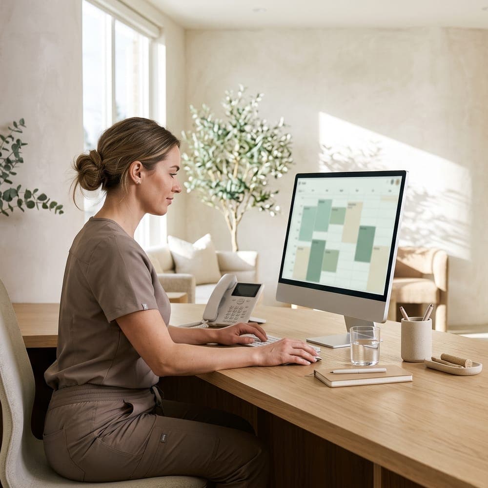 A clinic coordinator planning appointments on a calendar at her desk