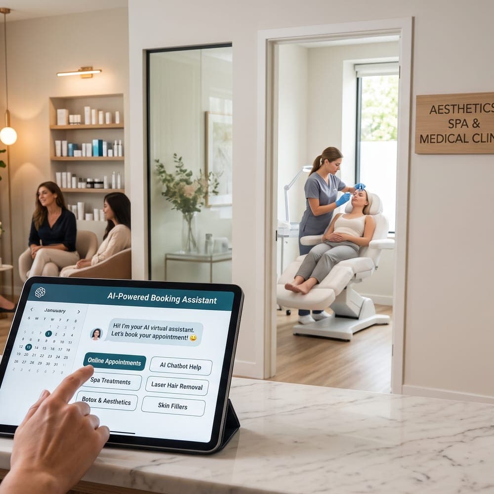 A tablet showing an AI booking assistant at a clinic reception
