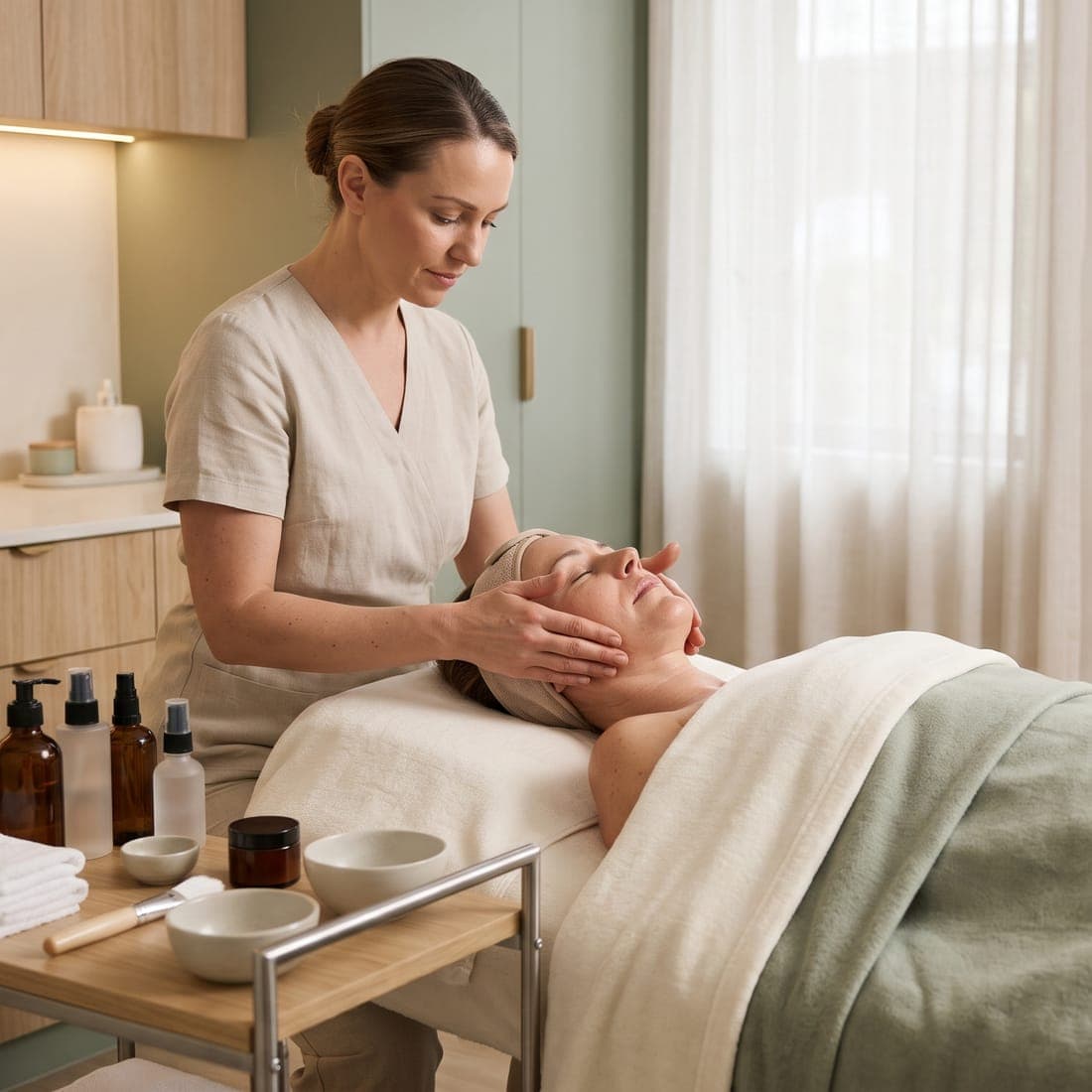 An esthetician giving a client a relaxing facial treatment