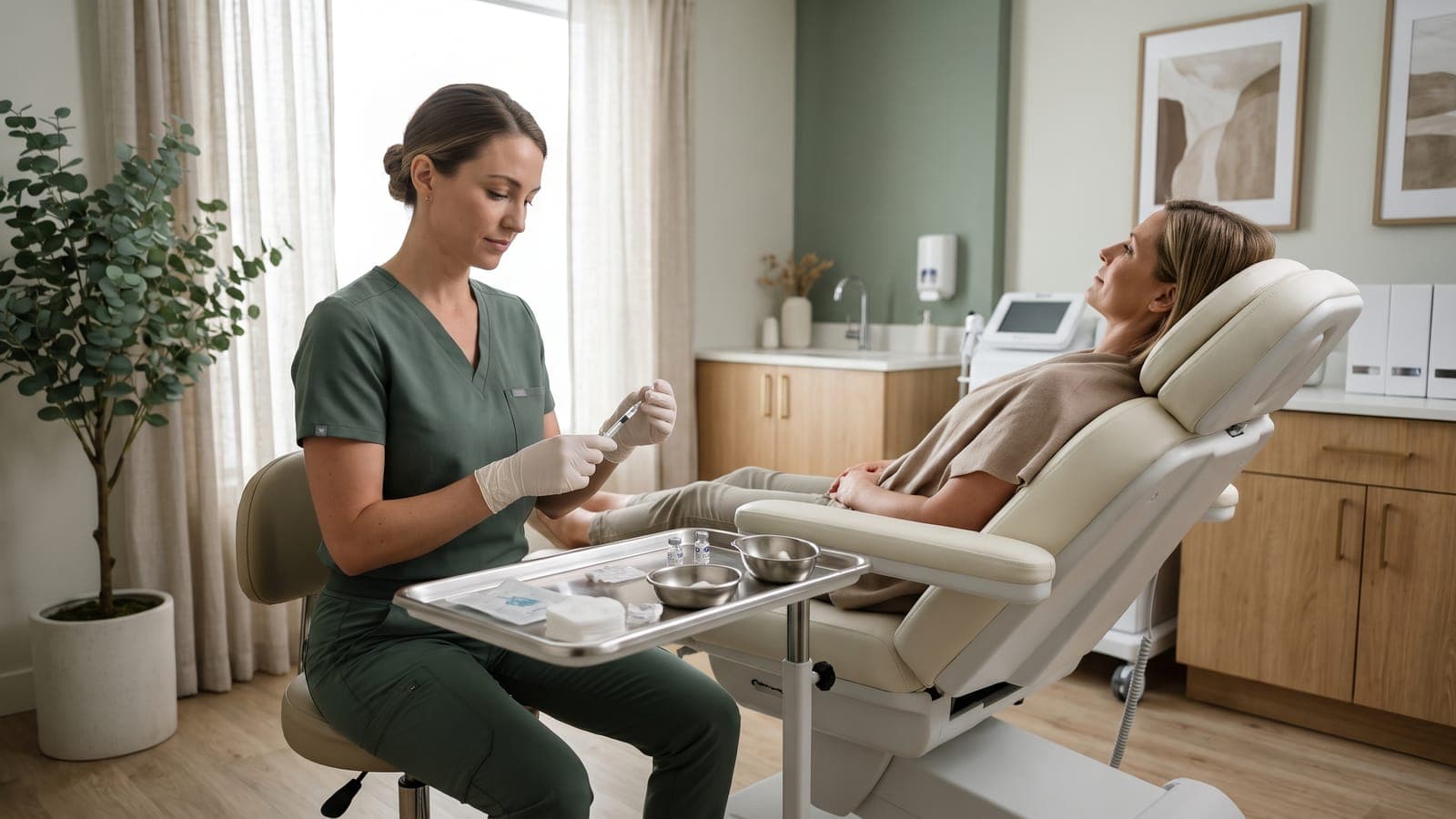 A practitioner preparing an injectable treatment tray beside a reclined client