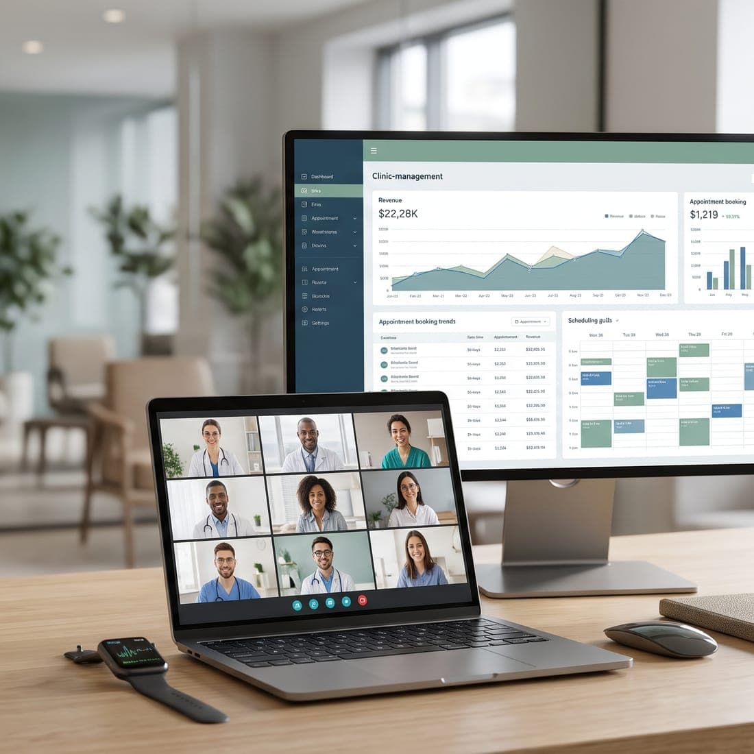 A clinic office desk with the schedule and charts on a monitor and a team video call on a laptop