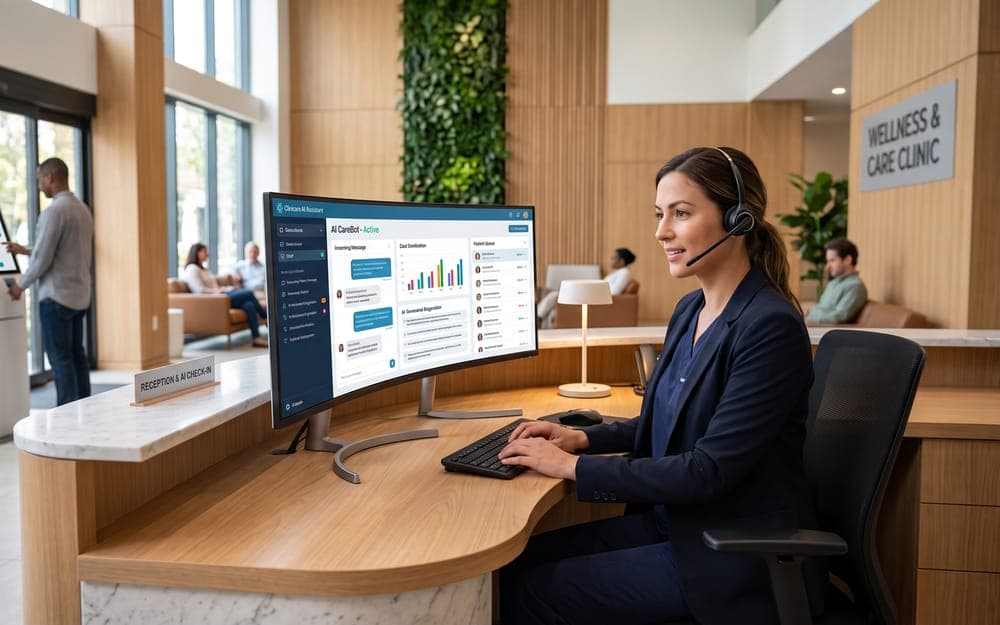 A receptionist with a headset answering client messages on a wide screen