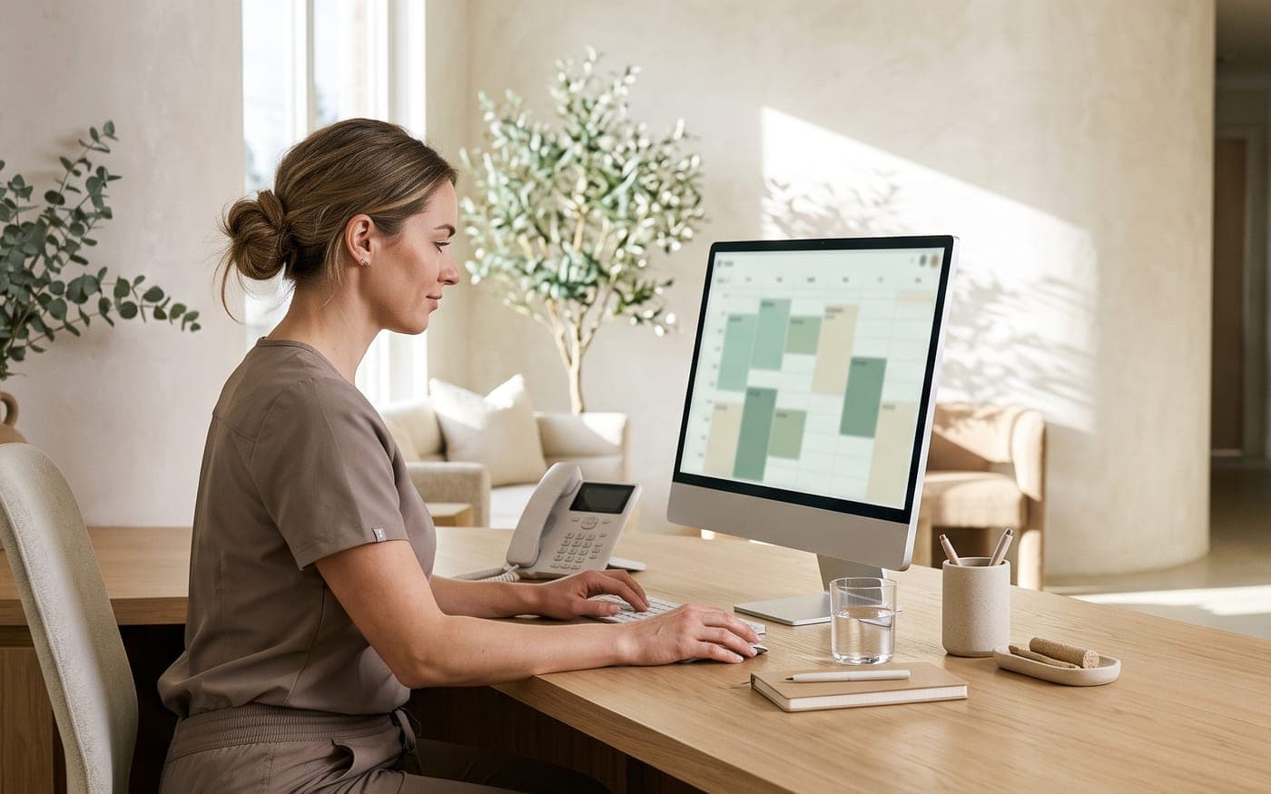 A clinic coordinator reviewing the week’s appointment calendar on a desktop screen