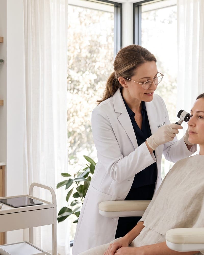A dermatologist examining a client's skin with a dermatoscope