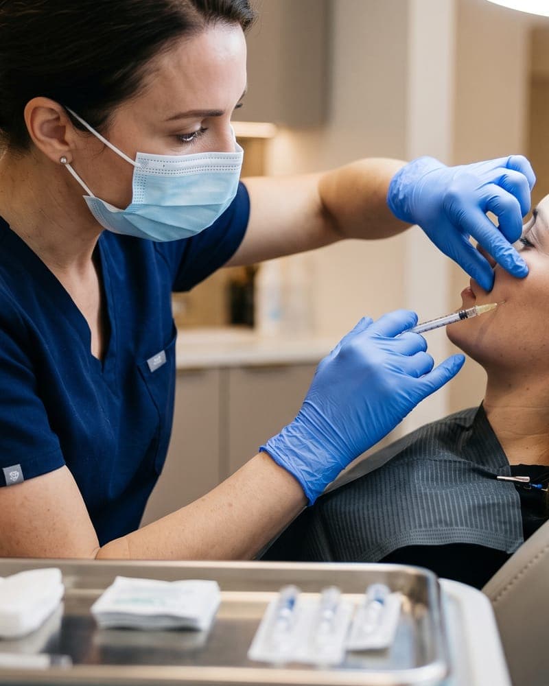 A practitioner in a mask giving a dermal filler treatment