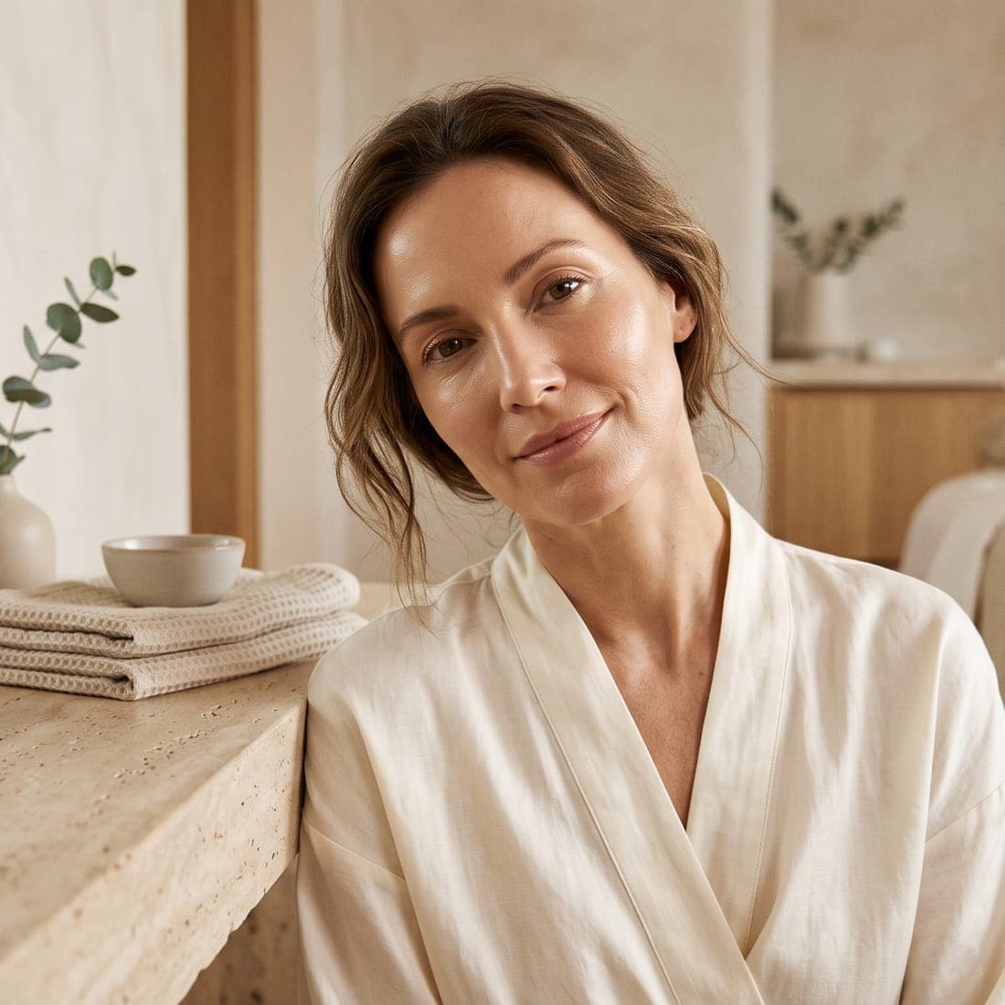 A smiling client in a robe after a skincare treatment