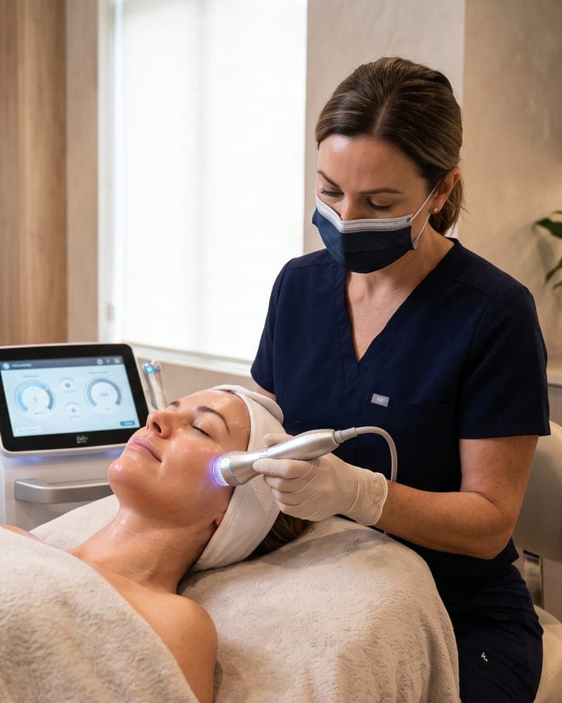 A specialist giving a client a light-based skin treatment