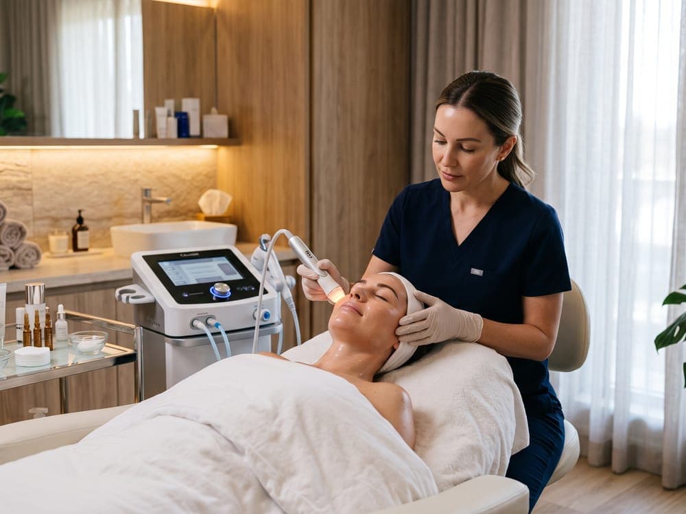 A practitioner giving a client a facial treatment with a device