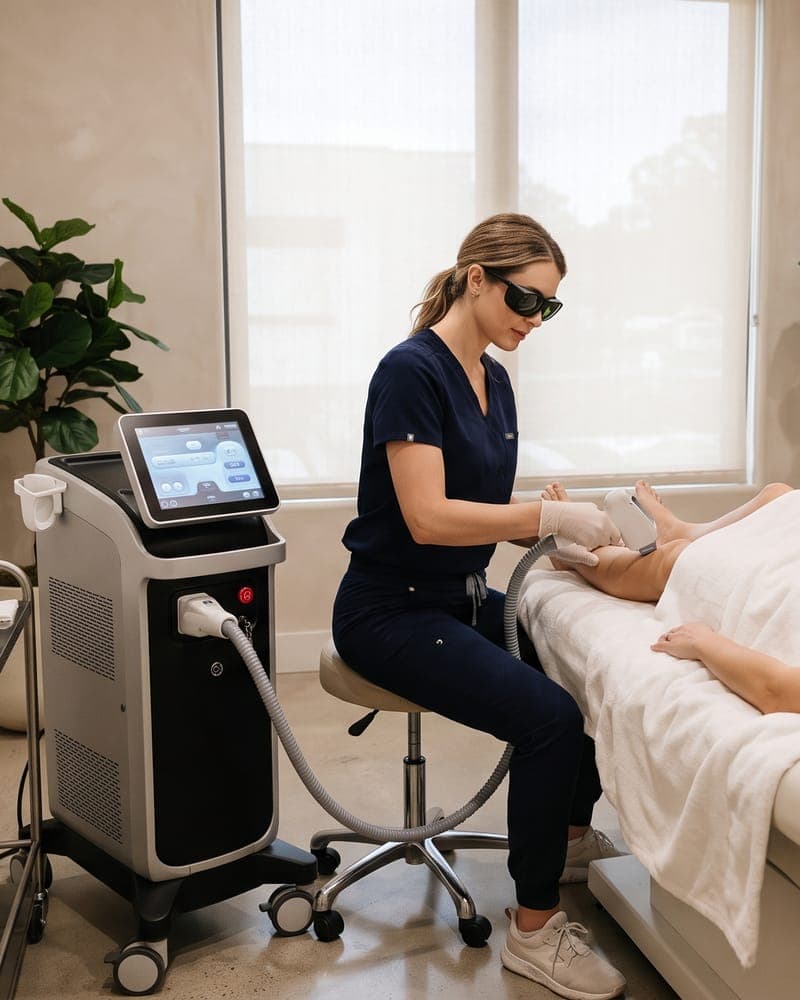 A practitioner in safety glasses giving a laser hair removal treatment