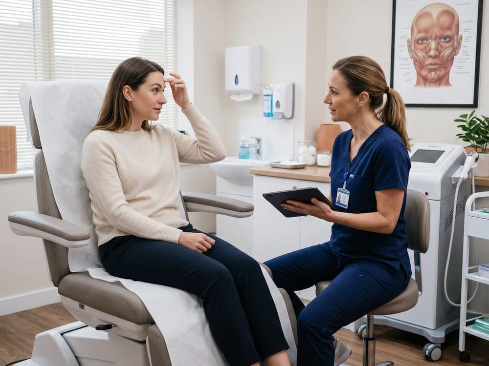 A practitioner with a tablet checking in with a client after a treatment