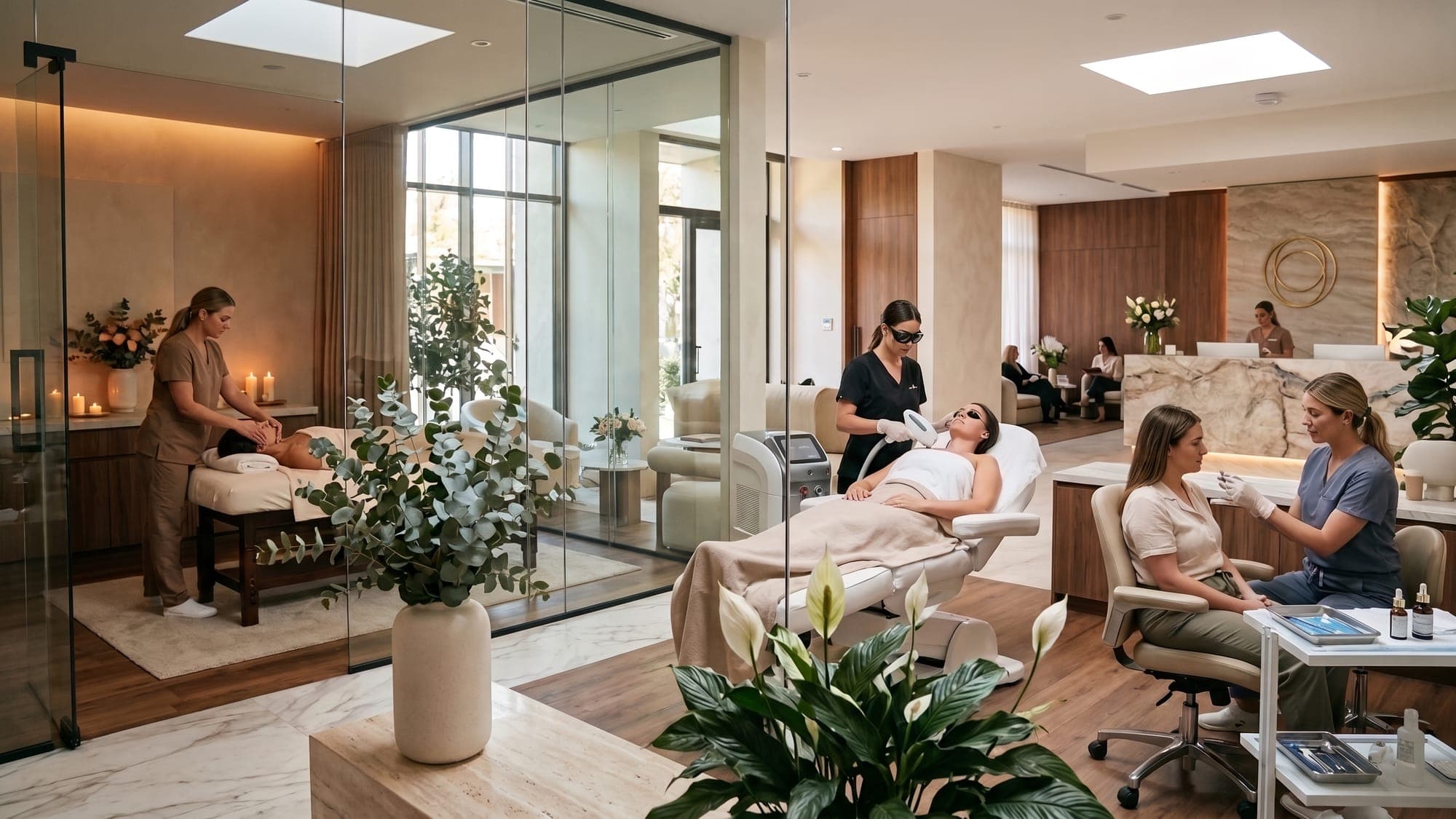 An open-plan medical spa with a massage room, consultations, laser treatments, and a reception desk