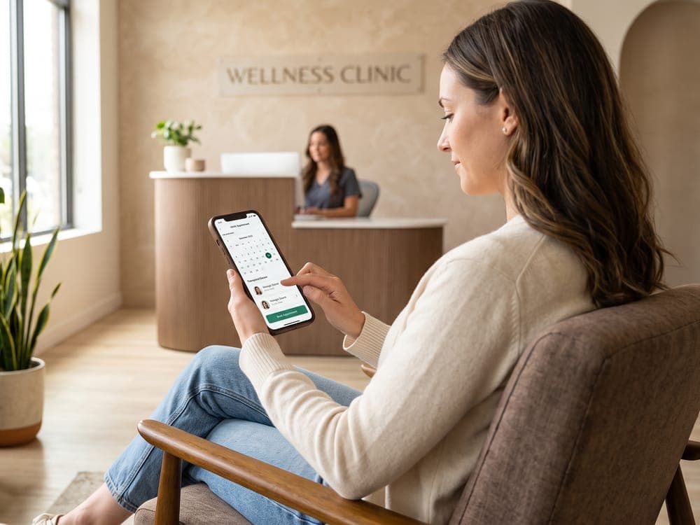 A client booking an appointment on her phone in a clinic lounge
