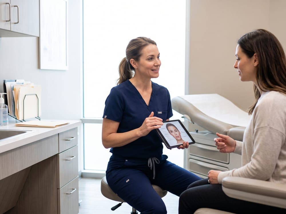 A practitioner showing a client her treatment plan on a tablet