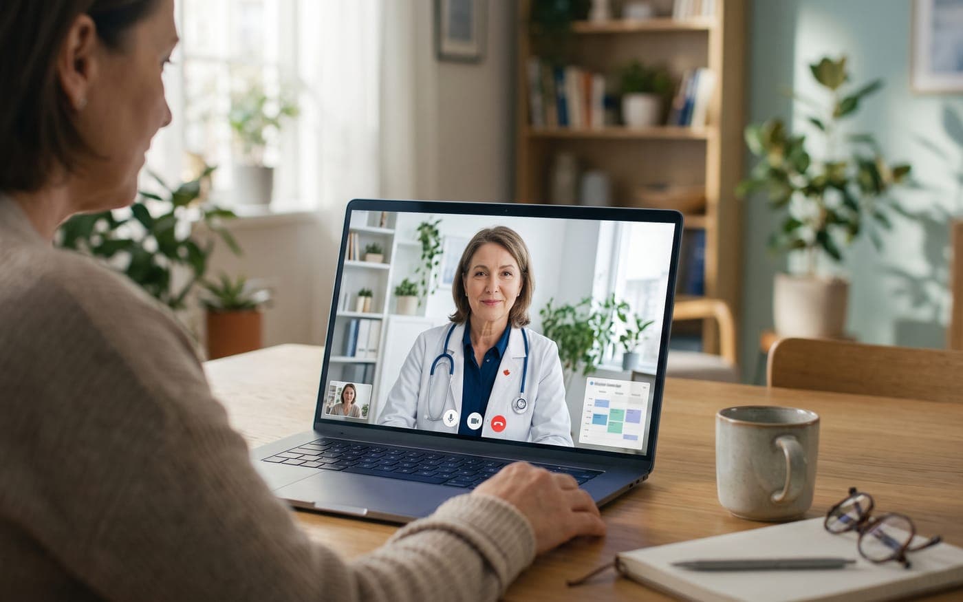 A client at home on a video consultation with a practitioner on her laptop