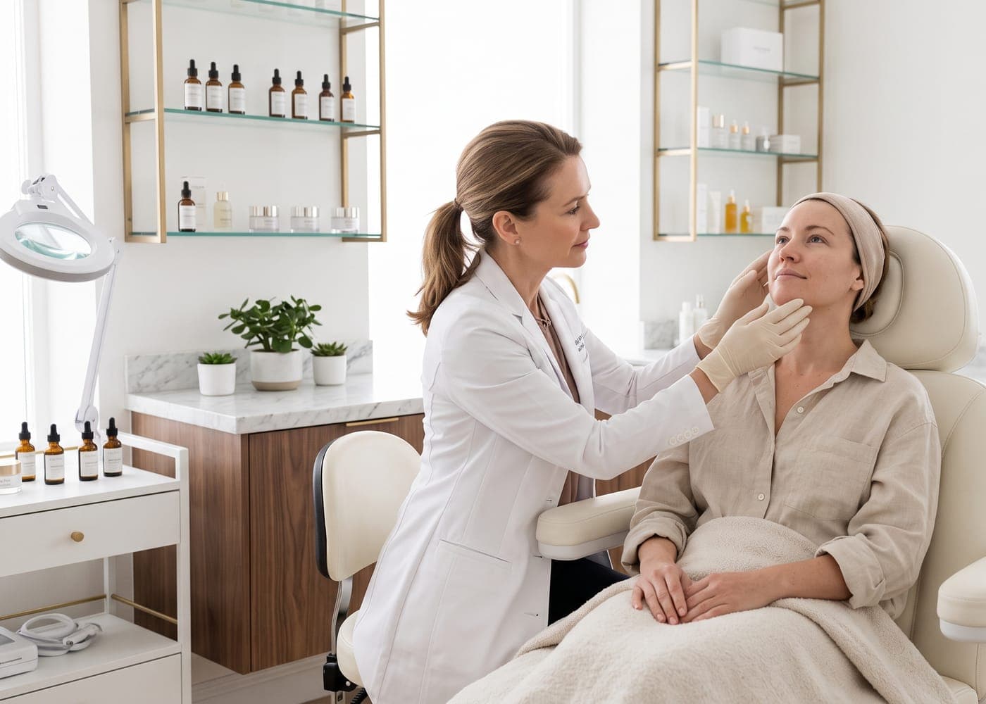 A clinician examining a client's skin in a bright consultation room